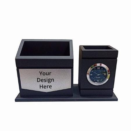 Black Customized Wooden Pen Stand with Clock, Visiting Card &amp; Mobile Holder, Luxury Design Multipurpose Desk Organizer for Office (20cm W x 10cm H x 8cm L)