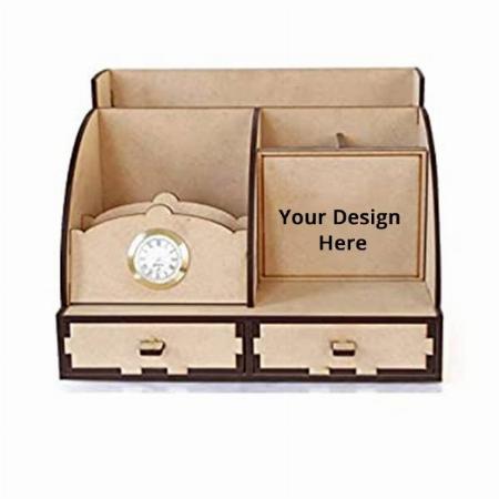 Multi-Color Customized Wooden Handicrafts Pen Stand And Card Holder With Round Shape Analog Watch For Office Stationary Desk