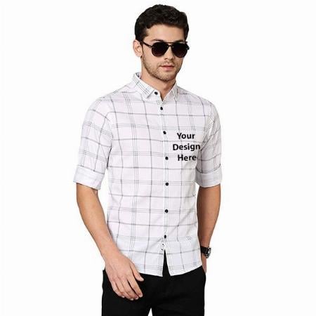 White Customized Men's Checkered Slim Fit Cotton Casual Shirt