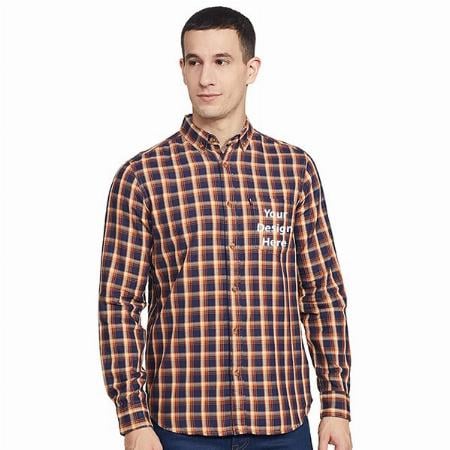 Orange And Navy Customized Men's Checkered Slim Shirt