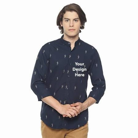 Navy Blue Customized  Men's Printed Slim Fit Cotton Casual Shirt