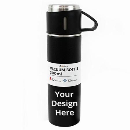 Black Customized Steel Vacuum Flask Set with 3 Steel Cups Combo (500 ml)
