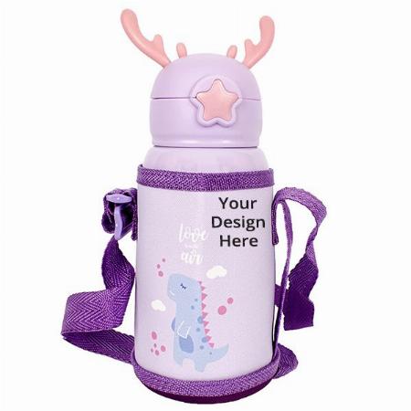 Purple Customized Thermos Steel Bottle for Kids with Sling Pouch (300 ml)