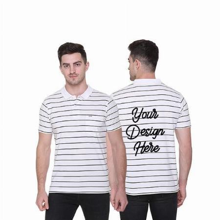 White with Black Iines Customized Cotton Polo Half Sleeve Men's T-Shirt with Pocket