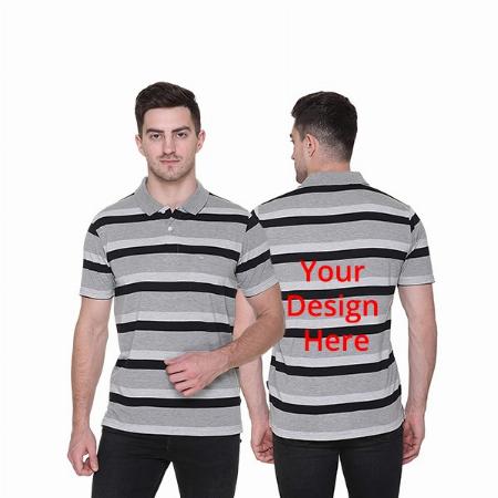 Grey with Black Line Customized Cotton Polo Neck Half Sleeve Men's T Shirt with Pocket