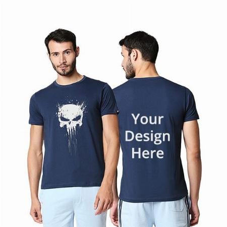 Navy Blue Customized Skull Design Graphic Printed T-Shirt for Men