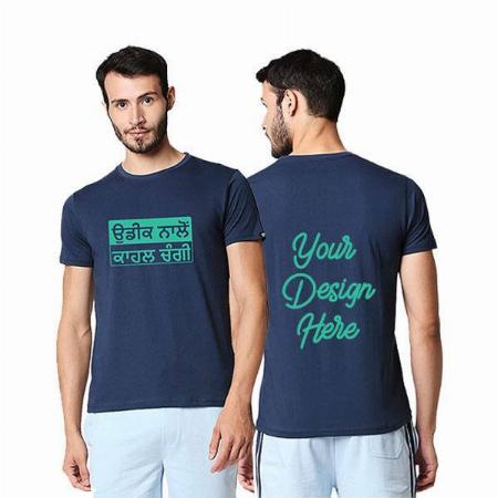 Navy Blue Customized Cotton Graphic Printed T-Shirt