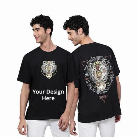 Black Customized Oversized Roaring Tiger Graphic Printed Loose Fit Black Half Sleeves Round Neck T-Shirt for Men