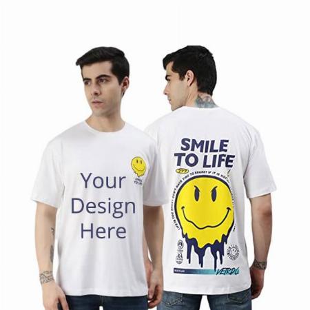 White Customized Oversize Drop Shoulder, Baggy Fit, Round Neck Printed Half Sleeve T-Shirt