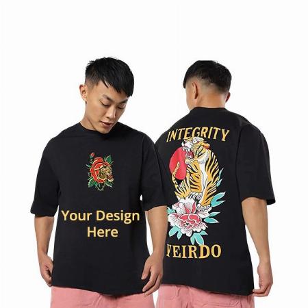 Black Customized Graphic Back Printed Drop Shoulder Oversized Hip Hop Half Sleeves Round Neck Cotton T-Shirt for Men