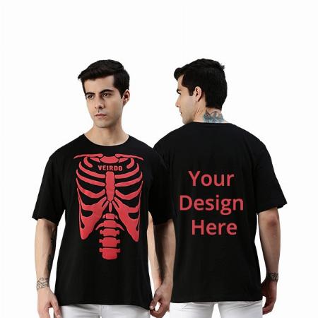 Black Customized Oversized Loose Fit, Drop Shoulder, Baggy Fit, Round Neck Olive Skeleton Printed T-Shirt for Men