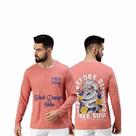 Peach Customized Graphic Printed Cotton Regular Fit Full-Sleeves T-Shirt for Men