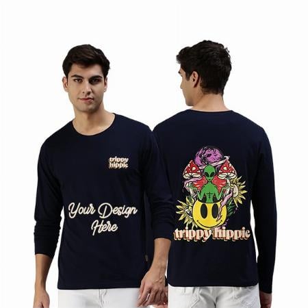 Navy Blue Customized Pure Cotton Full Sleeves Round Neck Cool &amp; Stylish Graphic Printed T-Shirt for Men