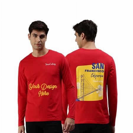 Red Customized Pure Cotton Full Sleeves Round Neck Cool &amp; Stylish Travel Graphic Printed T-Shirt for Men