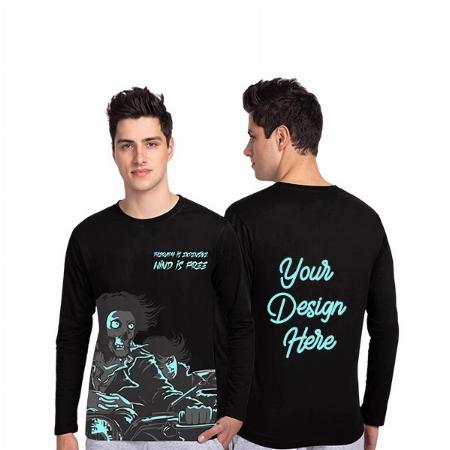 Black Customized Pure Cotton Full Sleeves Round Neck Cool &amp; Stylish Graphic Printed T-Shirt for Men