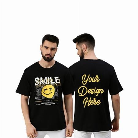 Black Customized Pure Cotton Oversized Loose Baggy Fit Drop Shoulder Round Neck Half Sleeve Cool Smile Graphic Printed T-Shirt for Men
