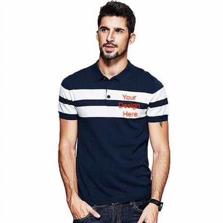 Navy Blue Customized Men's Half Sleeve Striped Polo T Shirt with Collar