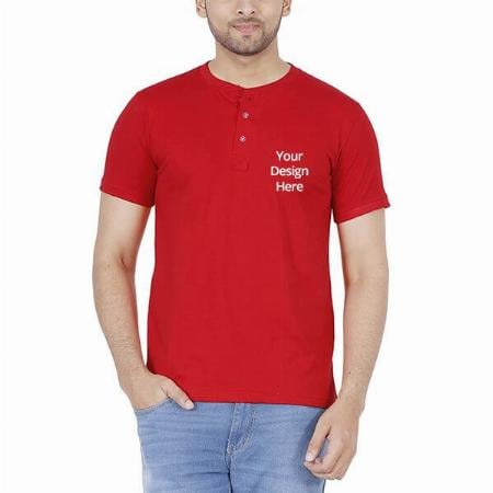 Red Customized Men's Cotton Henley Neck T-Shirt