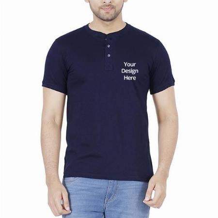 Navy Blue Customized Men's Cotton Henley Neck T-Shirt