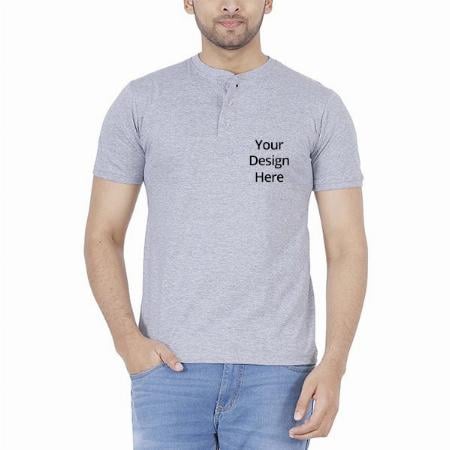 Grey Customized Men's Cotton Henley Neck T-Shirt