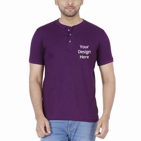 Purple Customized Men's Cotton Henley Neck T-Shirt
