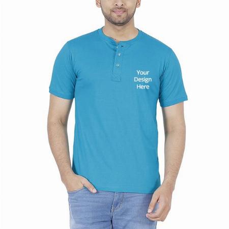 Turquoise Customized Men's Cotton Henley Neck T-Shirt
