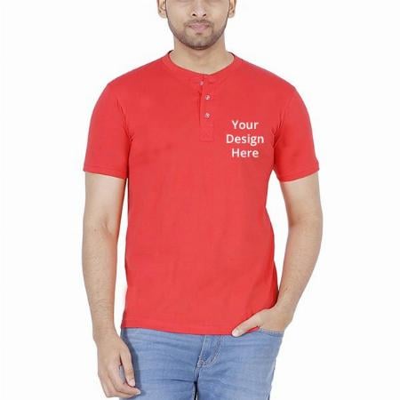 Coral Red Customized Men's Cotton Henley Neck T-Shirt