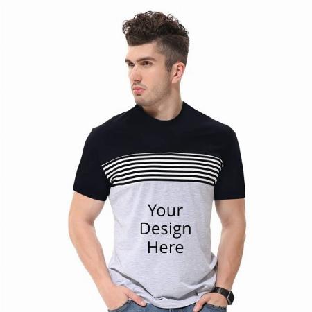 Black Grey Customized Cotton Half Sleeve Striped Round Neck T Shirt For Men