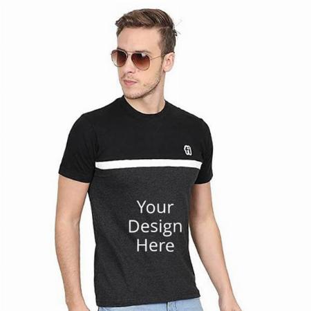 Black Customized Cotton Half Sleeve Striped Round Neck T Shirt for Men