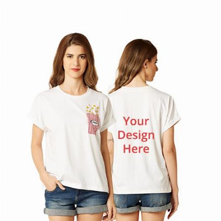 White Customized Women's Cotton Round Neck Popcorn Design Graphic Printed T-Shirt