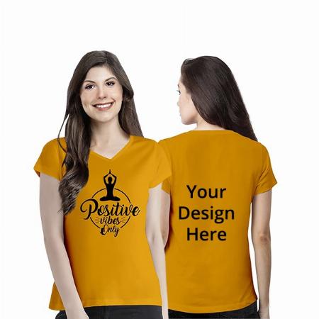 Yellow Customized Women's Regular Fit Positive Vibes Only Graphic Printed V Neck Half Sleeves Cotton T-Shirt