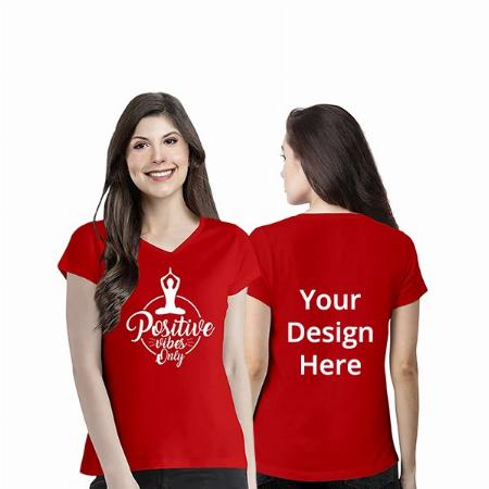 Red Customized Women's Regular Fit Positive Vibes Only Graphic Printed V Neck Half Sleeves Cotton T-Shirt