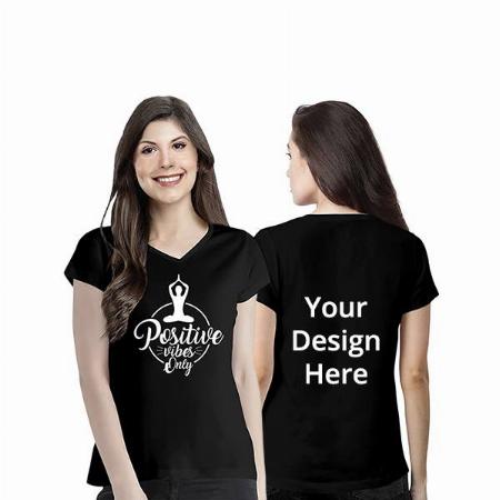Black Customized Women's Regular Fit Positive Vibes Only Graphic Printed V Neck Half Sleeves Cotton T-Shirt