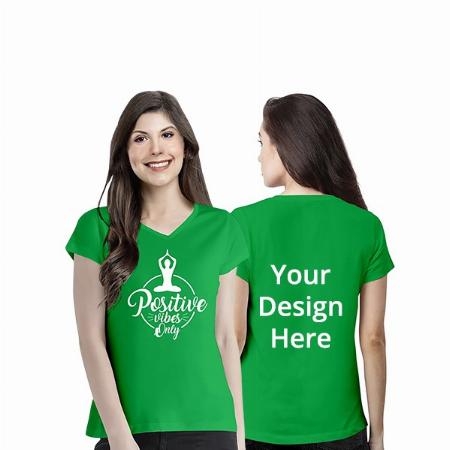 Green Customized Regular Fit Positive Vibes Only Graphic Printed V Neck Half Sleeves Cotton T-Shirt for Women