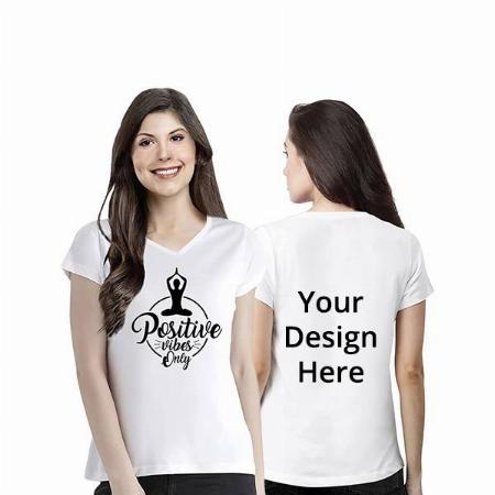 White Customized Women's Regular Fit Positive Vibes Only Graphic Printed V Neck Half Sleeves Cotton T-Shirt