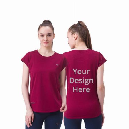 Dark Maroon Customized Polyester Dry Fit, Quick Drying &amp; Breathable Fabric, Gym Wear &amp; Running Graphic Printed T-Shirts for Women