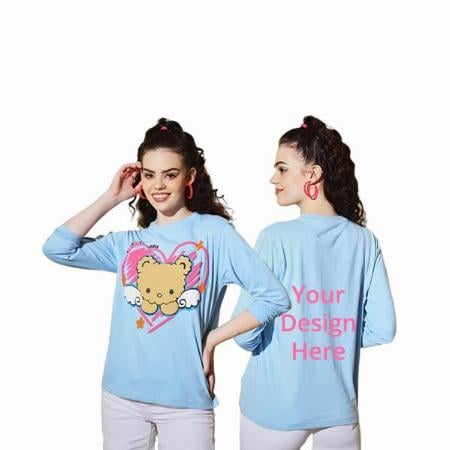 Sky Blue Customized Women's Kitty Design Graphic Printed Full Sleeve T-Shirt
