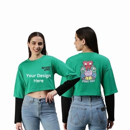 Green Customized Round Neck Full Sleeves Spooky Vibes Graphic Printed Cotton Crop T-shirt for Women