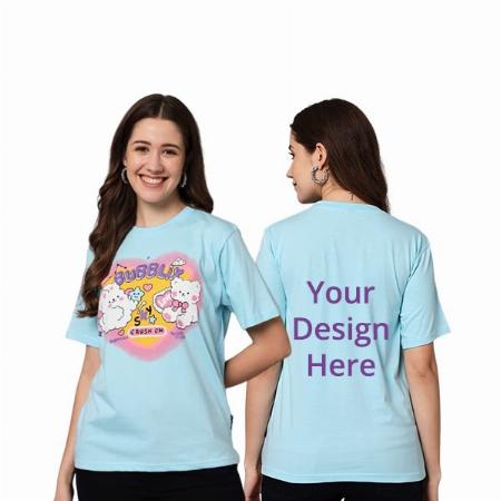 Sky Blue Customized Women's Teddy Design Graphic Printed T-Shirt