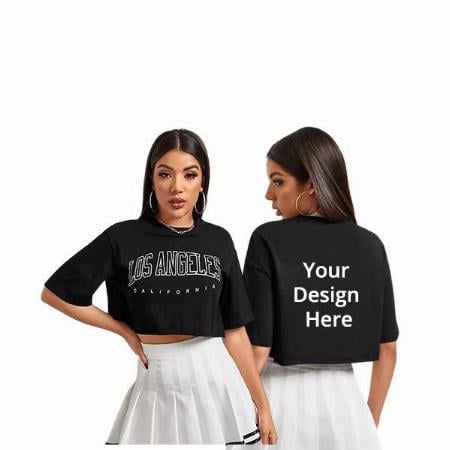 Black Customized Women's Oversized Los Angeles Graphic Printed Crop T-Shirt