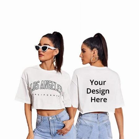 White Customized Women's Oversized Los Angeles Graphic Printed Crop T-Shirt