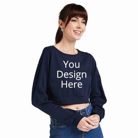 Navy Blue Customized Women Super Soft Round Neck Full Sleeves Solid Boxy Crop Top