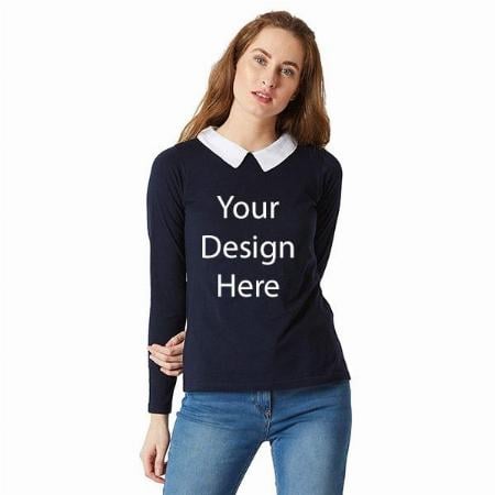 Navy Blue Customized Women Collared Round Neck Full Sleeves Cotton Solid Buttoned Top