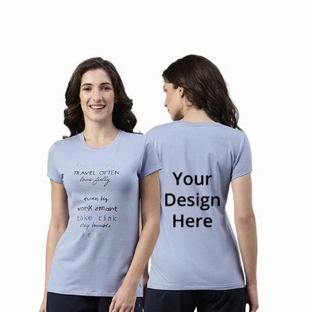 Powder Blue Customized Enamor Women's Short Sleeve Crew Neck Slim Fit Travel Graphic Printed Cotton T-Shirt