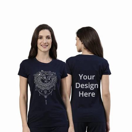 Navy Blue Customized Enamor Women's Short Sleeve Crew Neck Slim Fit Cotton Blocks Design Graphic Printed T-Shirt