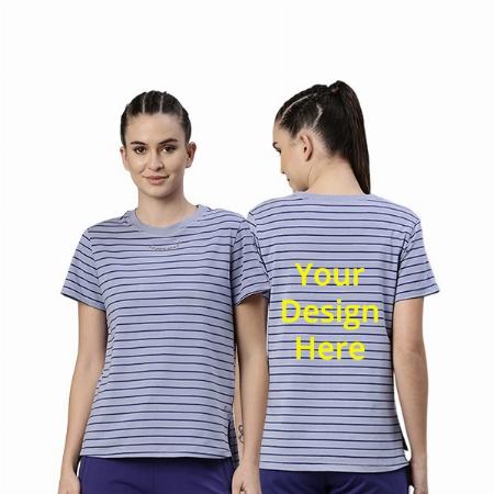 Powder Blue With Navy Blue Lines Customized Enamor Graphic Printed T-Shirt for Women
