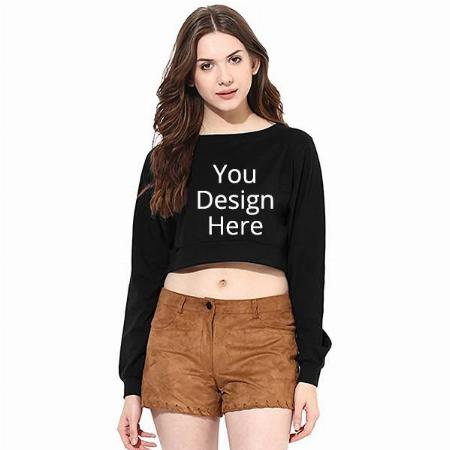Black Customized Women Super Soft Round Neck Full Sleeves Solid Boxy Crop Top