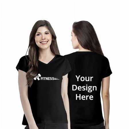 Black Customized Women's Regular Fit Cotton Fitness Graphic Printed V-Neck T-Shirt