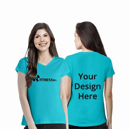Light Blue Customized Women's Regular Fit Cotton Fitness Graphic Printed V-Neck Half Sleeves T-Shirt