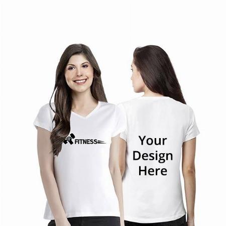 White Customized Regular Fit Cotton Fitness Graphic Printed V Neck Half Sleeves T-Shirt for Women